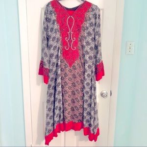 3 Piece Pakistani Chiffon Maxi Dress, Dupatta, Cotton Trouser Red/Black/Gray